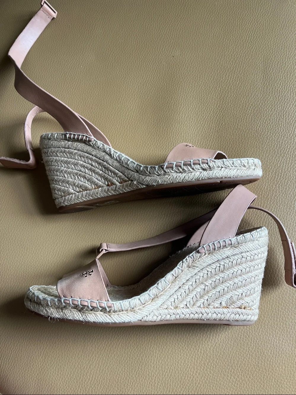Tory Burch Tan Leather Bima 2 Espadrille Wedge Ankle Strap Sandals SZ 8 EUC